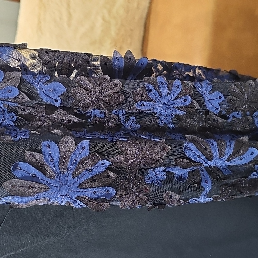 Badgley Mischka Boatneck Sheath Dress with Floral Puff Sleeves, Navy Blue Sz 14 - Picture 8 of 15
